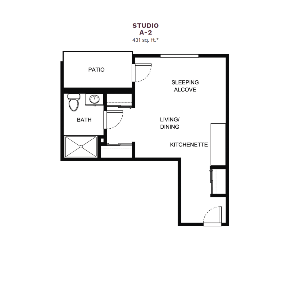 Windward Palms "Studio A-2" floor layout boasts 431 square feet. This apartment offers one room with a bedroom, living room, dining area, and small kitchenette. Plus a large bathroom and a small private patio.