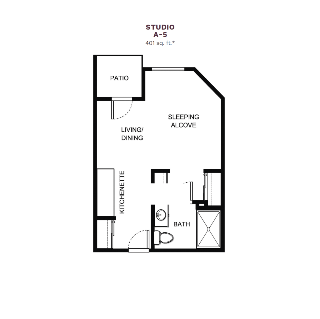 Windward Palms "Studio A-5" floor layout boasts 401 square feet. This apartment offers one room with a bedroom, living room, dining area, and small kitchenette. Plus a large bathroom and a small private patio.