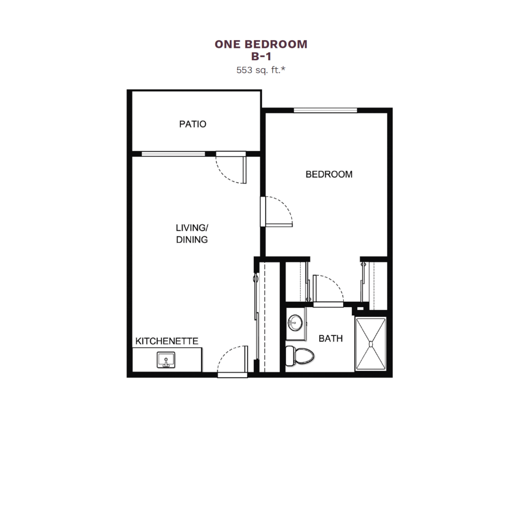 Windward Palms "One Bedroom B-1" floor layout boasts 553 square feet. This apartment offers one bedroom, one bathroom, a large living and dining area, small kitchenette, and a small private patio.
