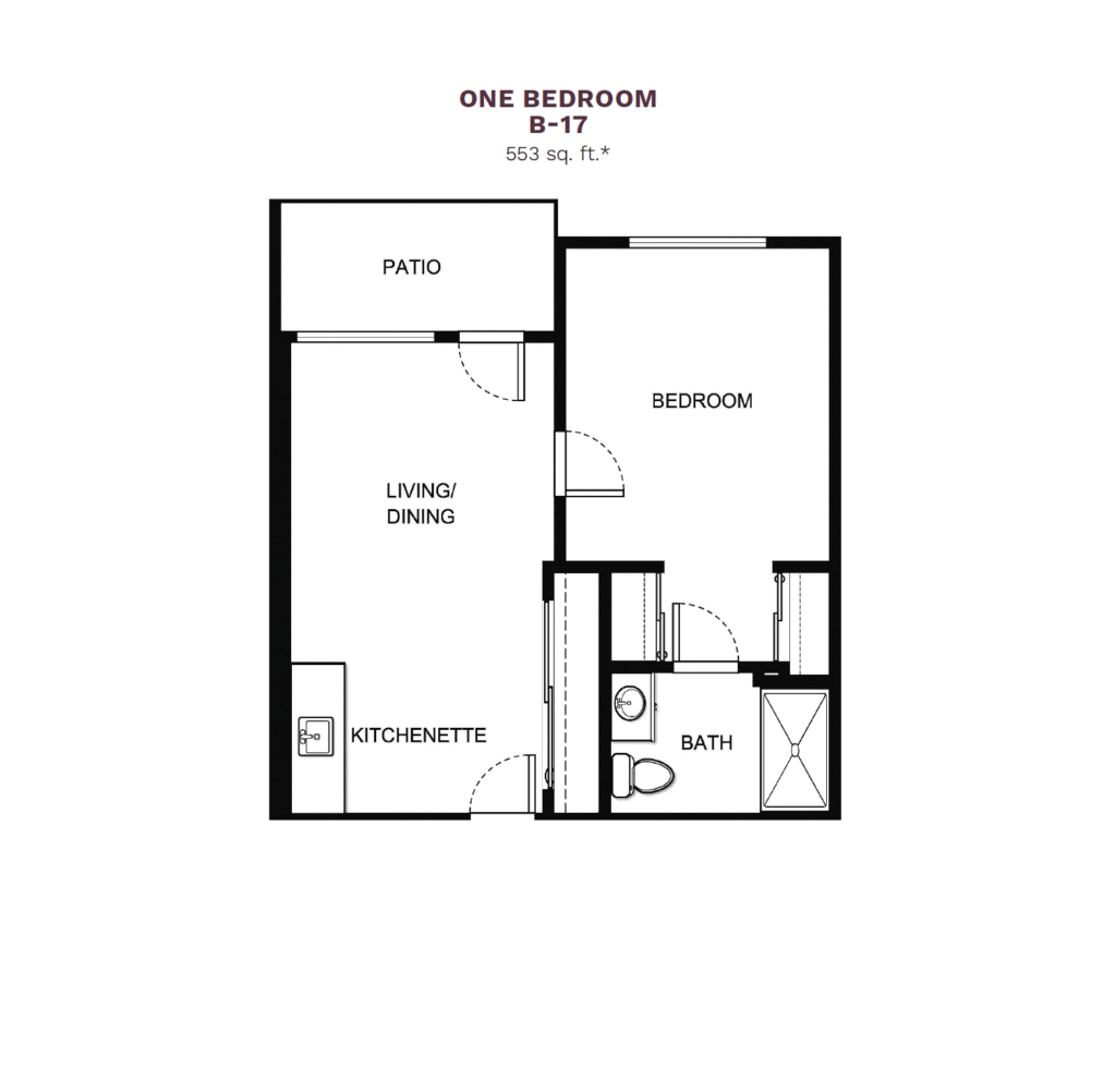 Windward Palms "One Bedroom B-17" floor layout boasts 553 square feet. This apartment offers one bedroom, one bathroom, a large living and dining area, small kitchenette, and a small private patio.