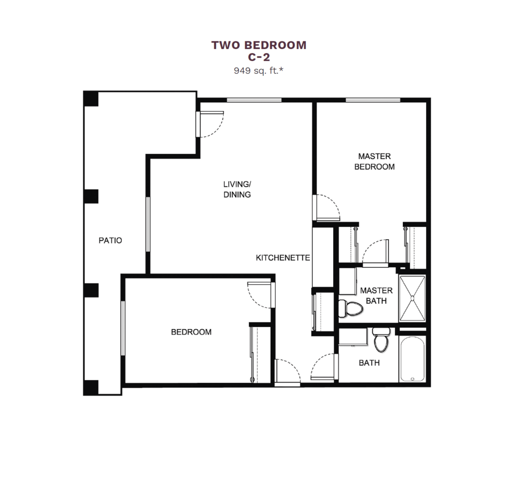 Windward Palms "Two Bedroom C-2" floor layout boasts 949 square feet. This apartment offers two bedrooms, two bathrooms, a large living and dining area, small kitchenette, and a large private patio.