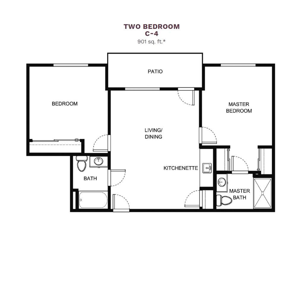 Windward Palms "Two Bedroom C-4" floor layout boasts 901 square feet. This apartment offers two bedrooms, two bathrooms, a large living and dining area, small kitchenette, and a private patio.