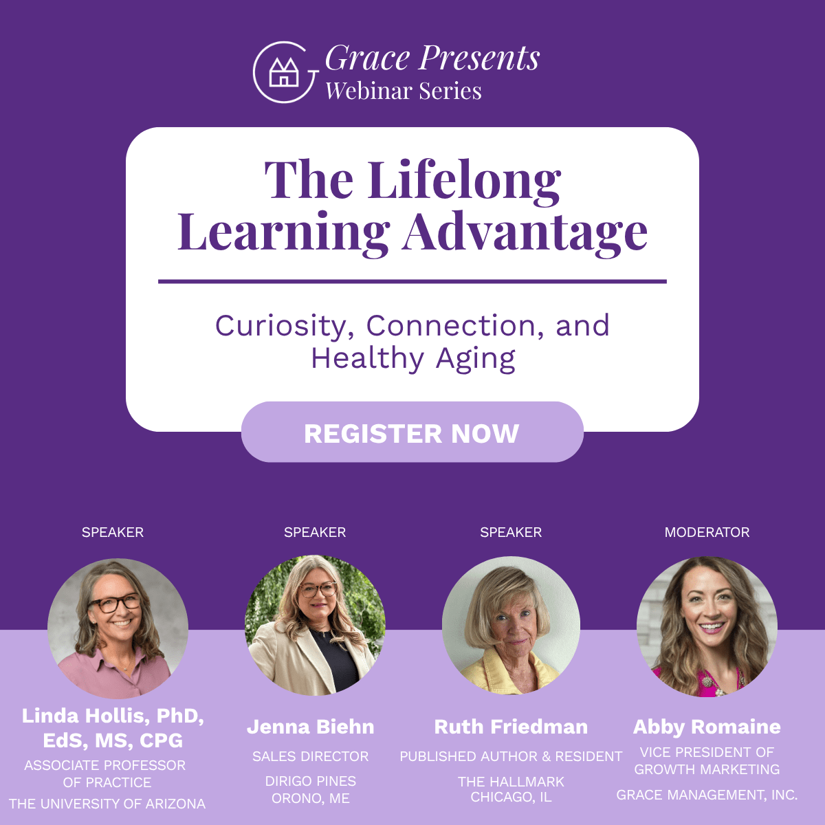 Promotional banner for Grace Presents Webinar Series: The Lifelong Learning Advantage with four speakers and a Register Now button